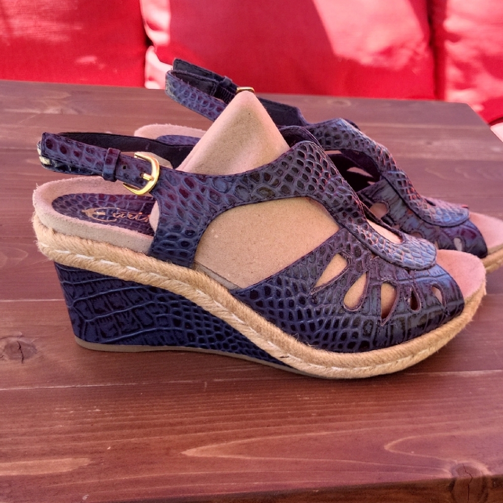 Earthics Blue Wedge Sandals with Woven Texture And Crocodile Pattern